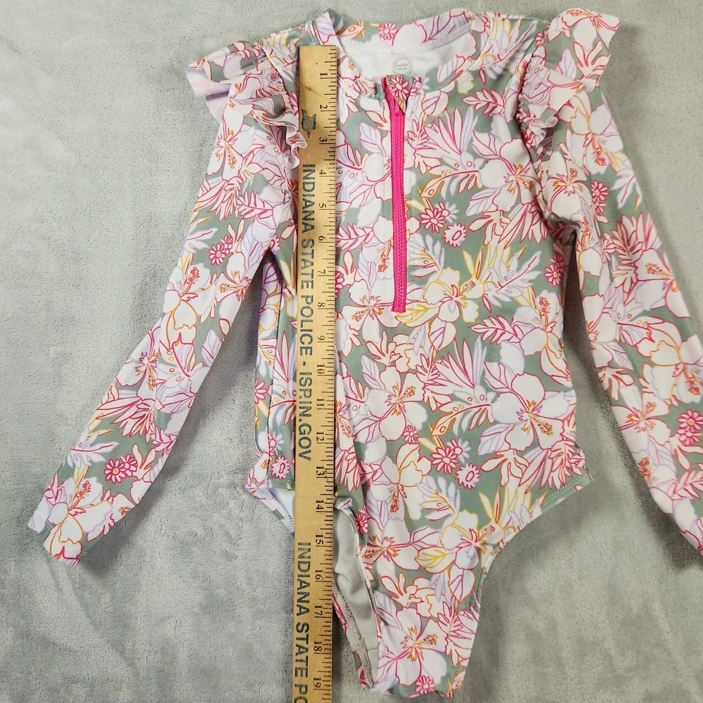 Wonder Nation Girl Swimsuit 5T Pink Multicolor Floral Long Sleeve Ruffle 1/4 Zip